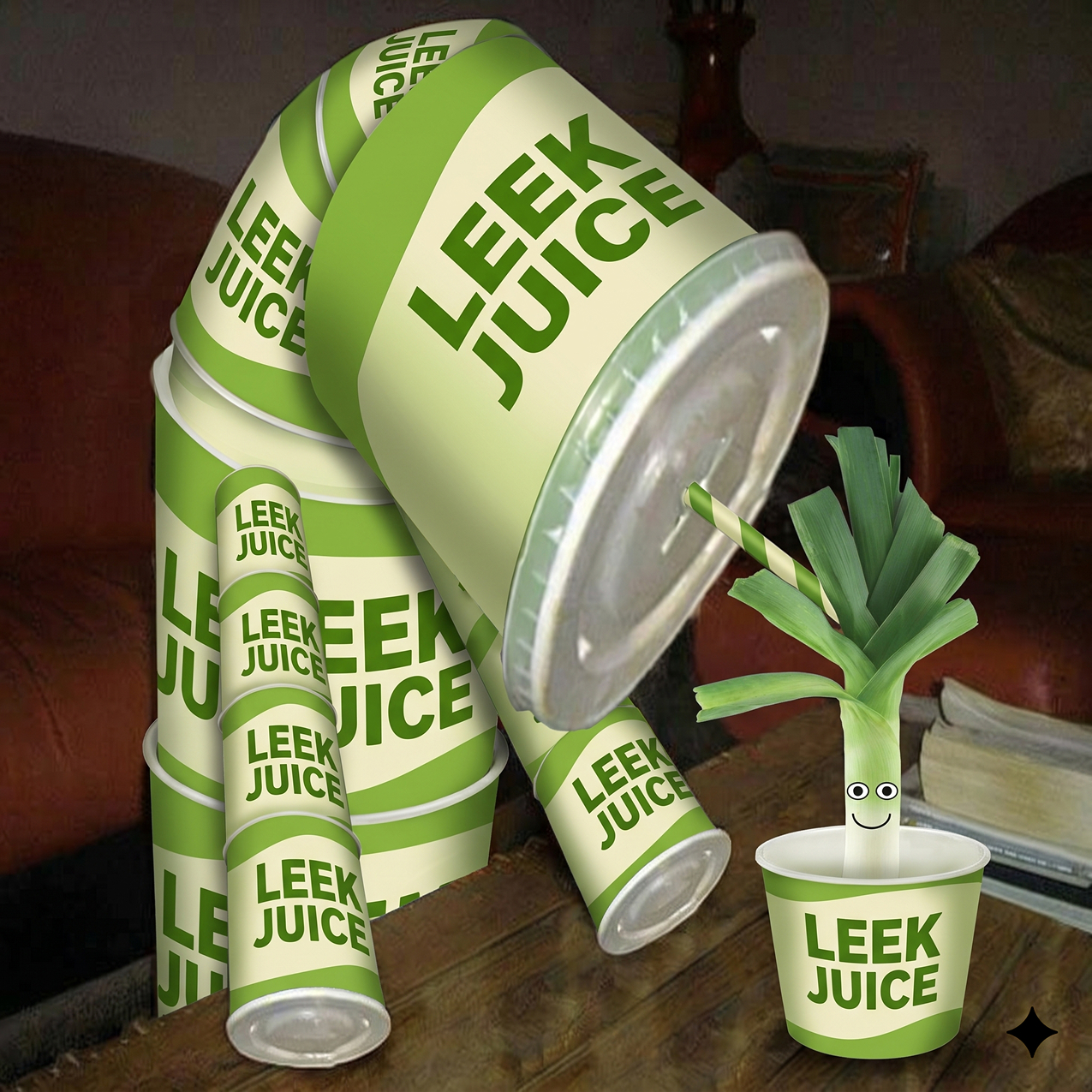 Leek sitting in a LEEK JUICE cup with a straw